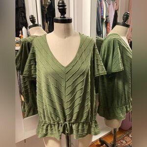 Textured Olive Green Drawstring Peplum Top - no brand tag, measures an XL